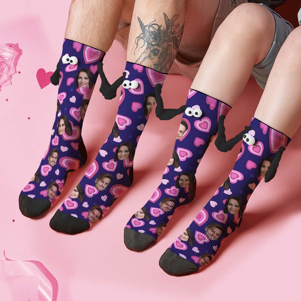 Custom Face Socks Funny Doll Mid Tube Purple Socks Magnetic Holding Hands Socks Pink Heart Valentine's Day Gifts - MyPhotoBoxer