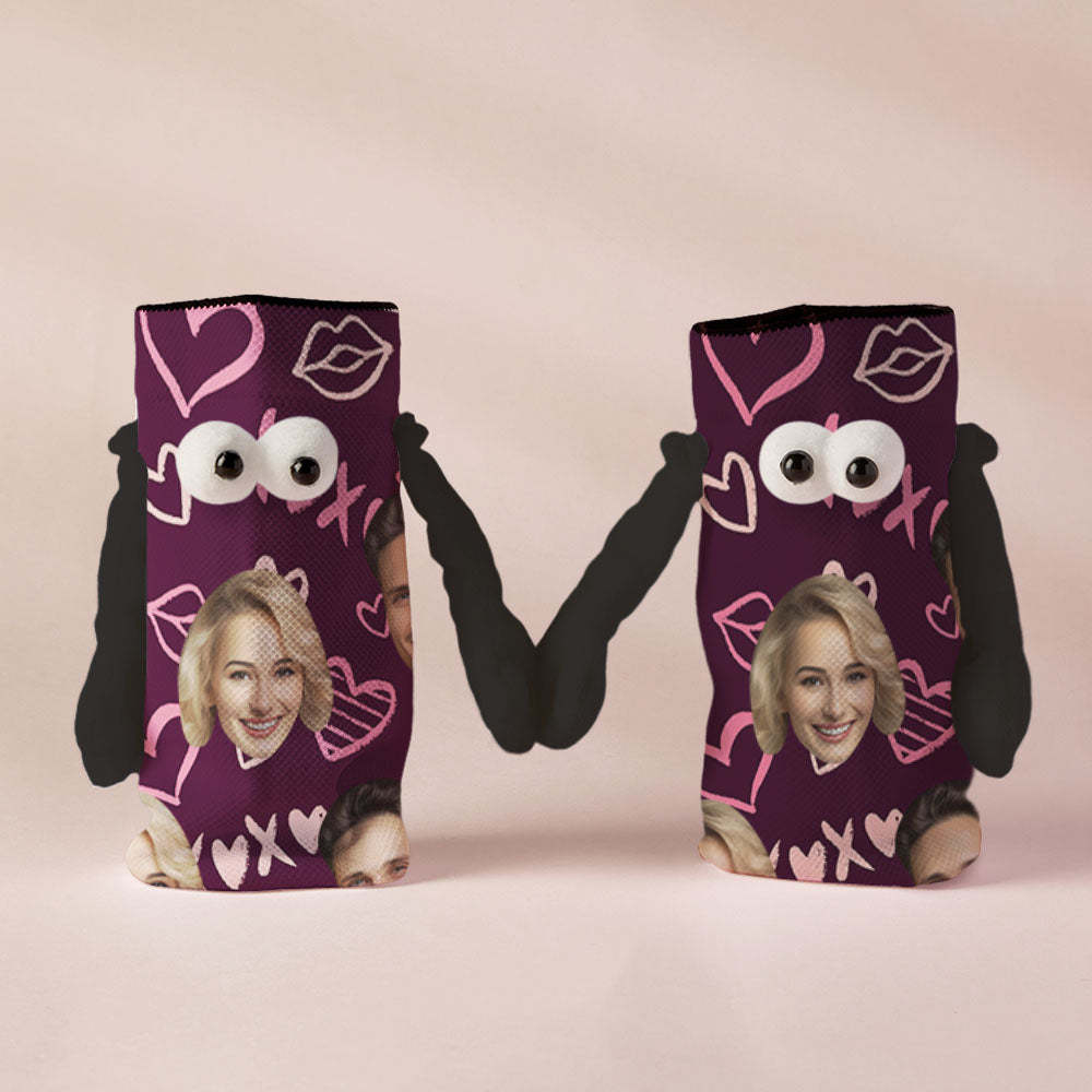 Custom Face Socks Funny Doll Mid Tube Socks Magnetic Holding Hands Socks XOXO Valentine's Day Gifts - MyPhotoBoxer