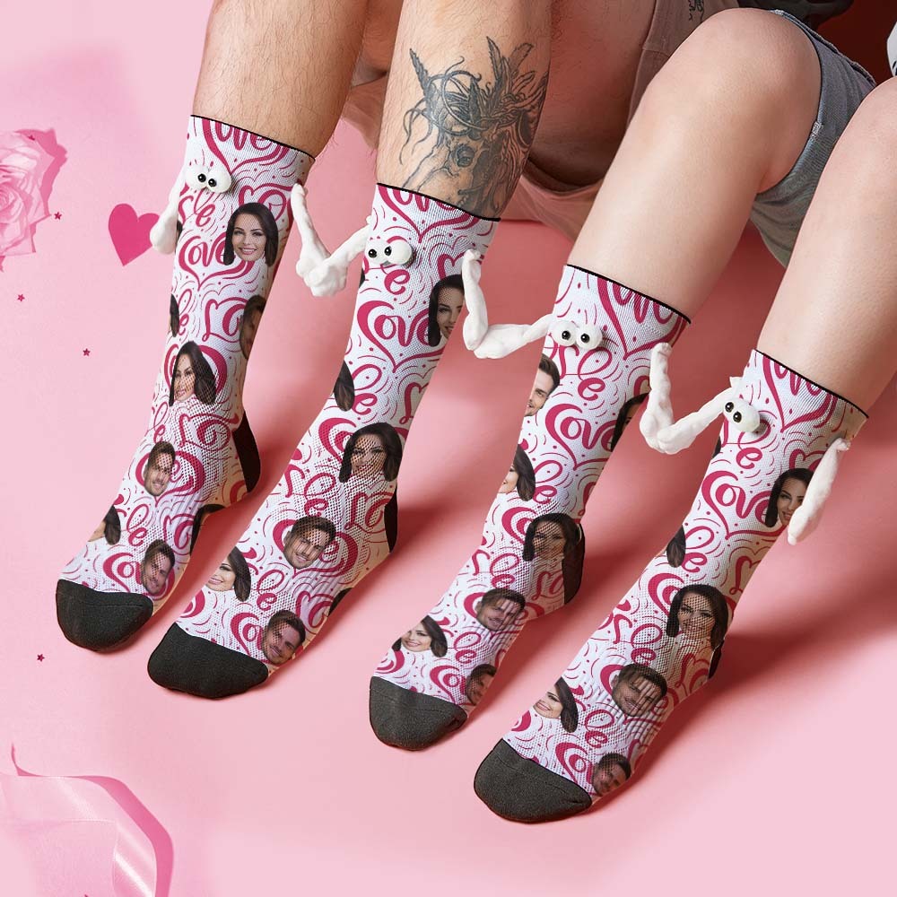 Custom Face Socks Funny Doll Mid Tube Socks Magnetic Holding Hands Socks Love Heart Valentine's Day Gifts - MyPhotoBoxer