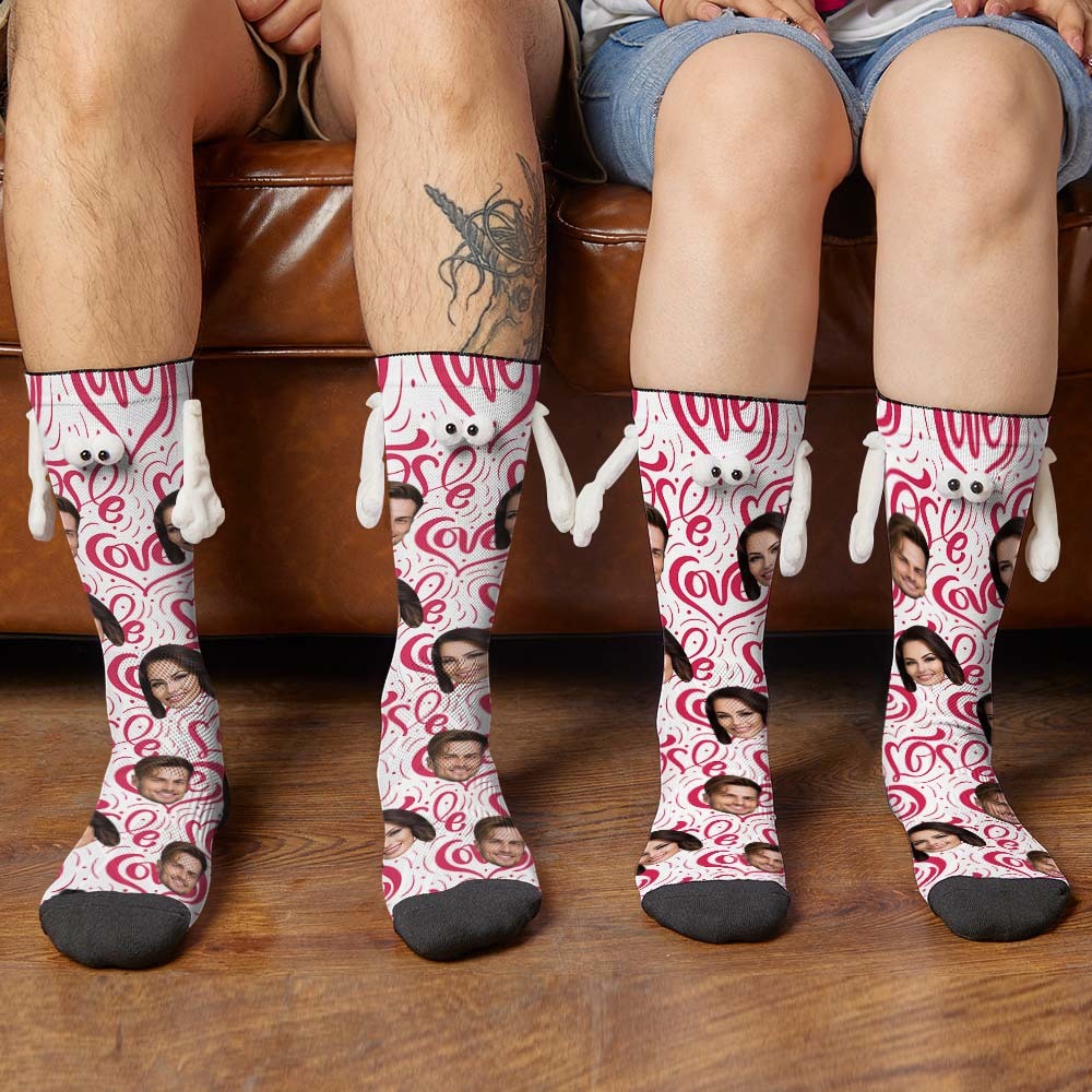 Custom Face Socks Funny Doll Mid Tube Socks Magnetic Holding Hands Socks Love Heart Valentine's Day Gifts - MyPhotoBoxer