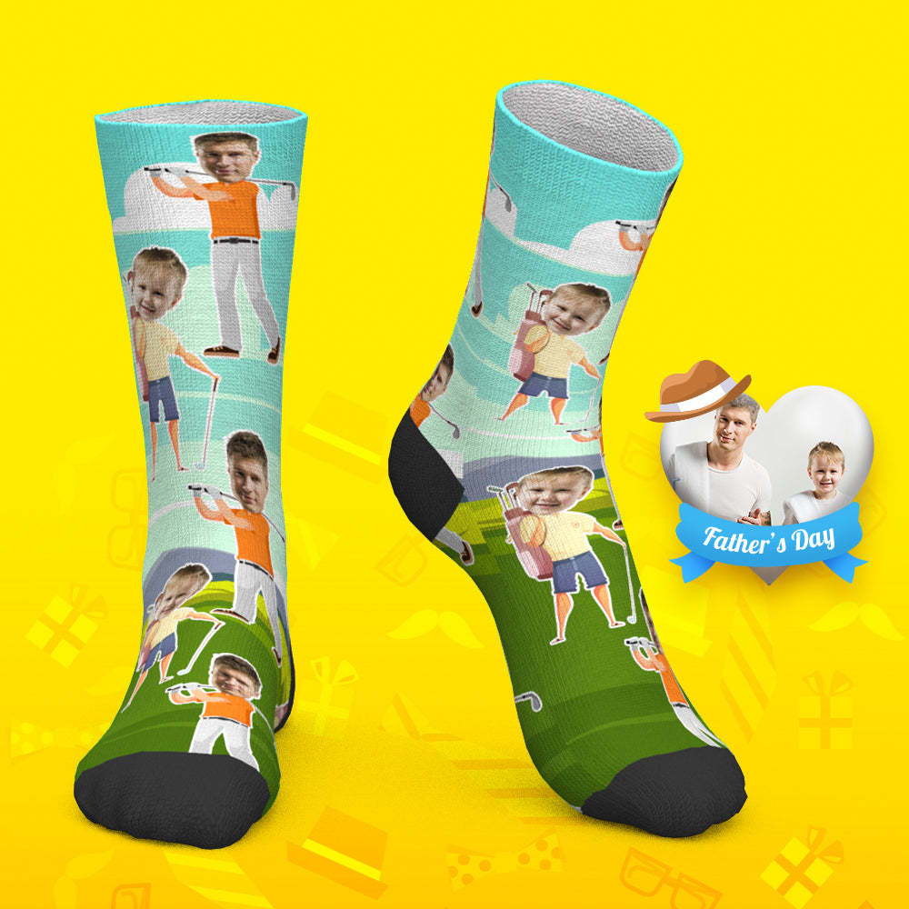 Father's Day Gift Custom Socks Personalized Photo Socks Playing Golf with Dad - MyPhotoBoxer