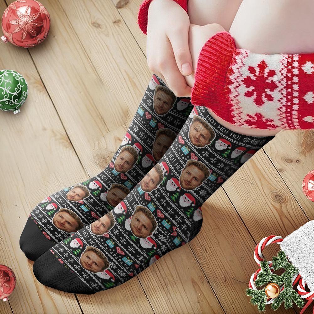 Custom Face Socks Personalized Photo Socks Christmas Gift Santa Socks - Black - MyPhotoBoxer