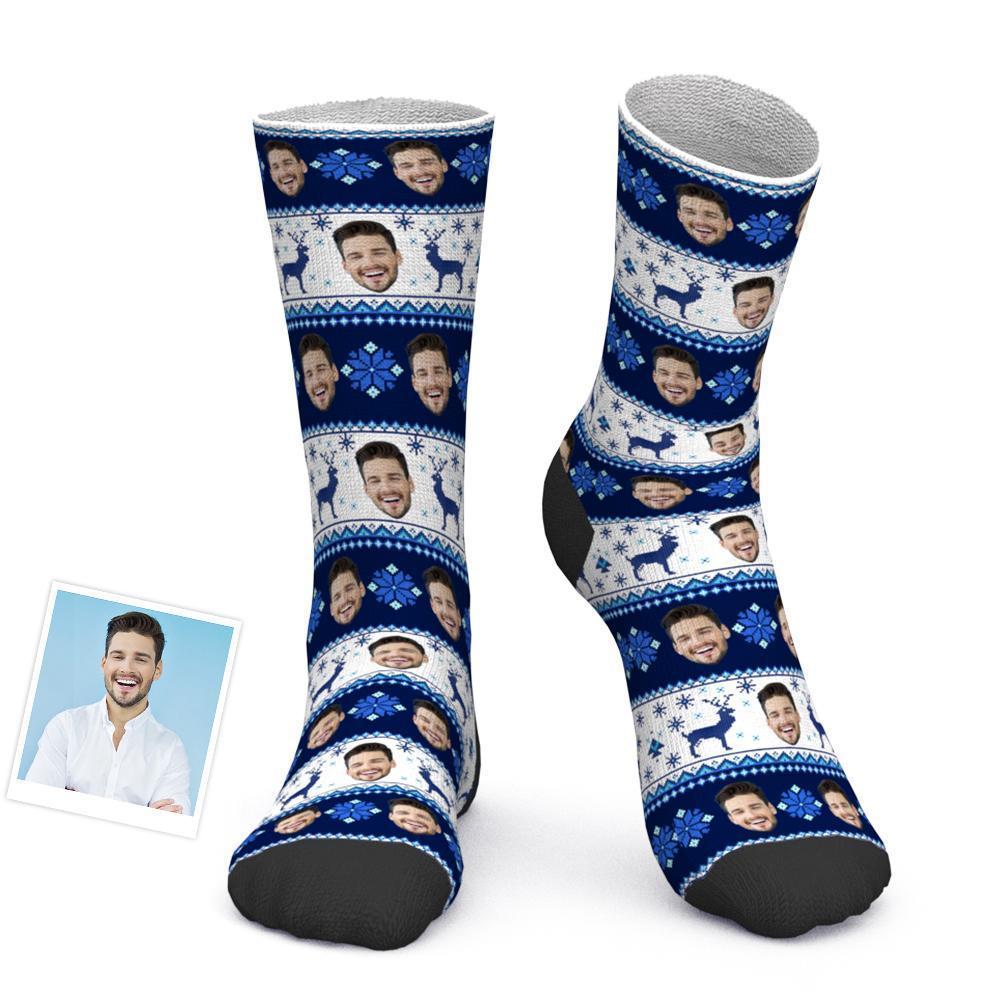 Custom Photo Socks Christmas Socks Christmas Face socks over Nordic Pattern - MyPhotoBoxer