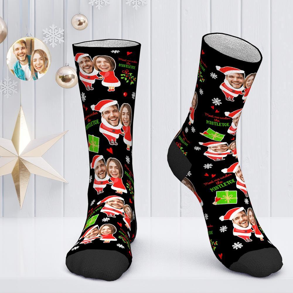 Custom Face Socks Personalized Photo Socks Christmas Gift for Lover - Meet Me Under the Mistletoe - MyPhotoBoxer