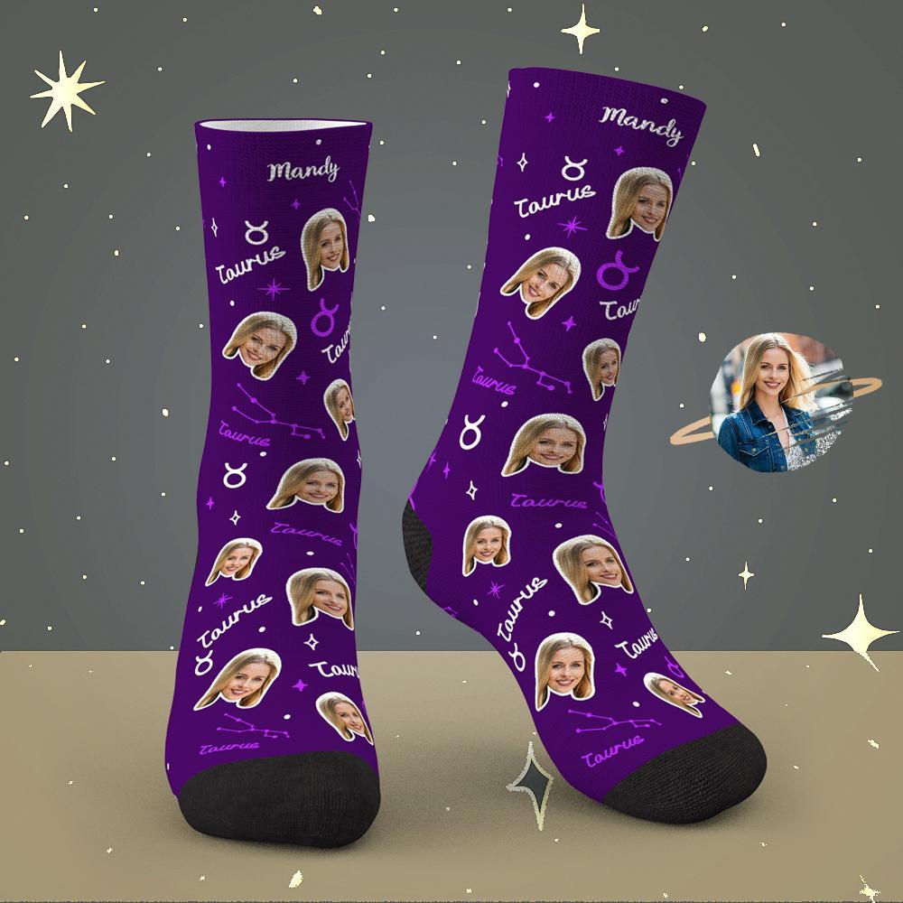 Custom Taurus Lucky Socks Personalized Face Exclusive Constellation Lucky Socks