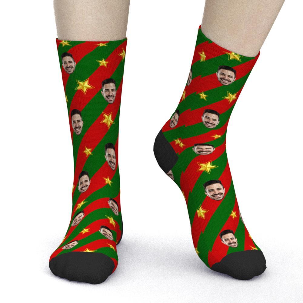 Custom Photo Face Socks Red and Green Christmas Atmosphere Gifts - MyPhotoBoxer