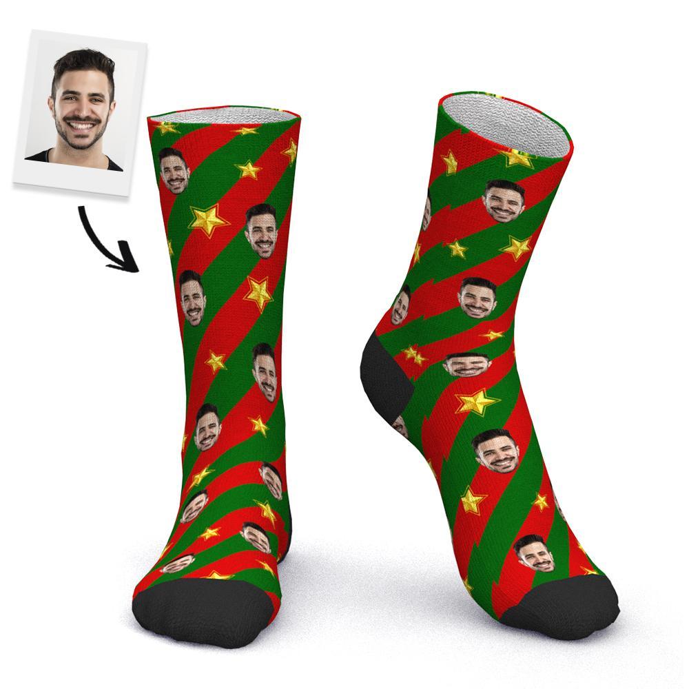 Custom Photo Face Socks Red and Green Christmas Atmosphere Gifts - MyPhotoBoxer