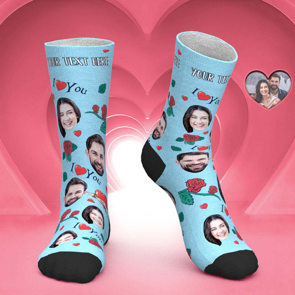 Custom Face Socks Personalized Photo Socks Valentine's Day Gift for Her - Rose Flower - MyPhotoBoxer