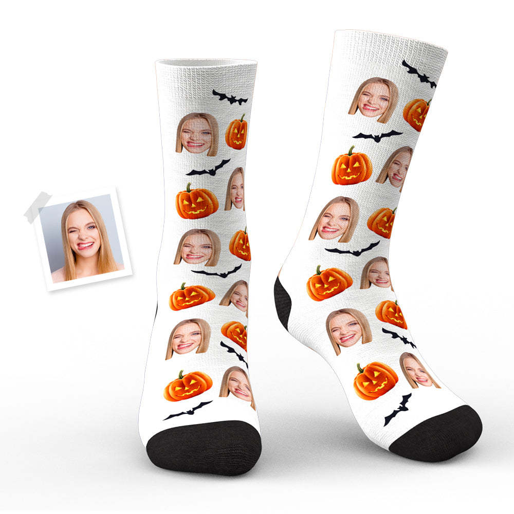 Custom Face Socks Personalized Photo Halloween White Socks Pumpkin Bat