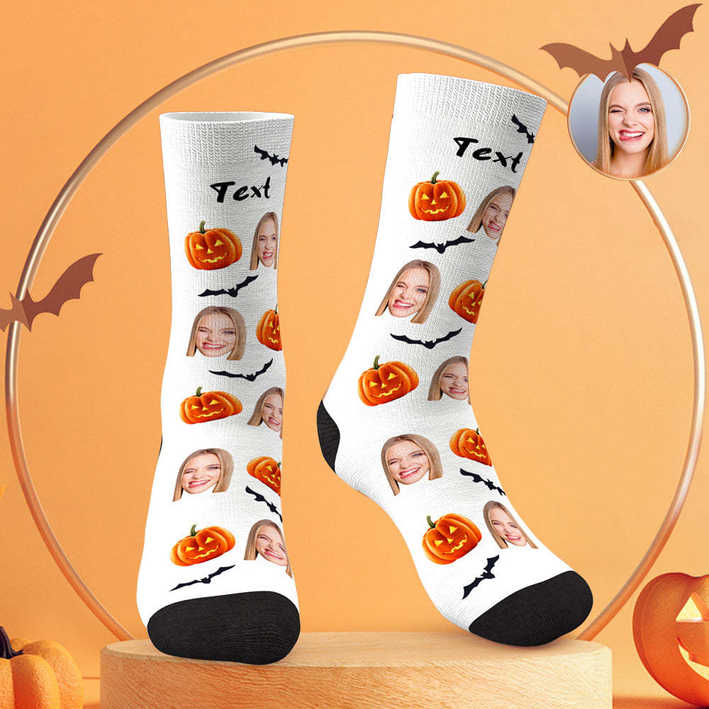 Custom Face Socks Personalized Photo Halloween White Socks Pumpkin Bat