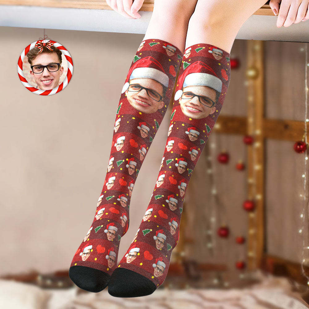 Custom Knee High Socks Personalized Big Face Christmas Socks Christmas Tree - MyPhotoBoxer