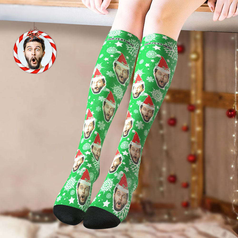 Custom Knee High Socks Personalized Face Christmas Socks Snowflake - MyPhotoBoxer