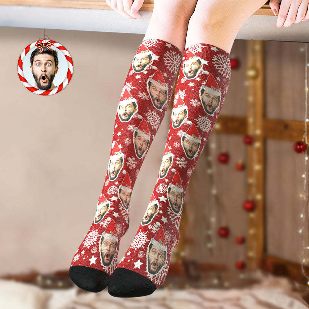 Custom Knee High Socks Personalized Face Christmas Socks Snowflake - MyPhotoBoxer