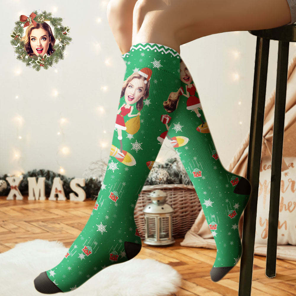 Custom Knee High Printed Picture Personalized Face Christmas Socks Pinup Girl - MyPhotoBoxer