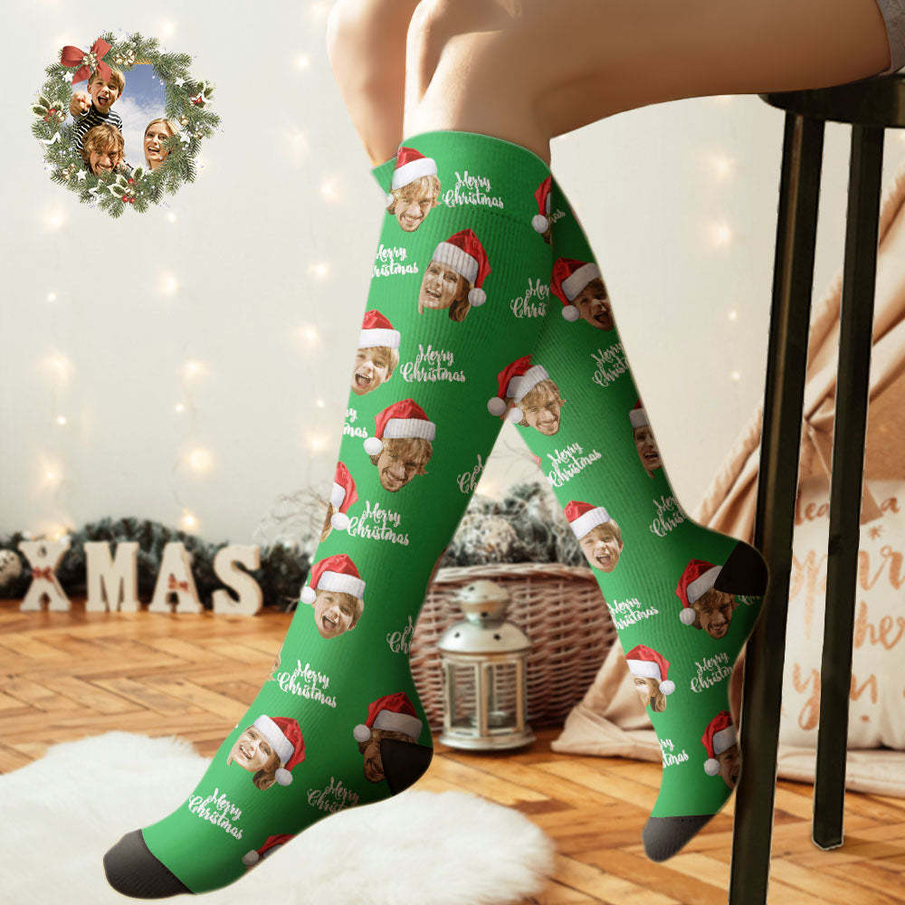 Custom Knee High Socks Personalized Face Socks Merry Christmas - MyPhotoBoxer