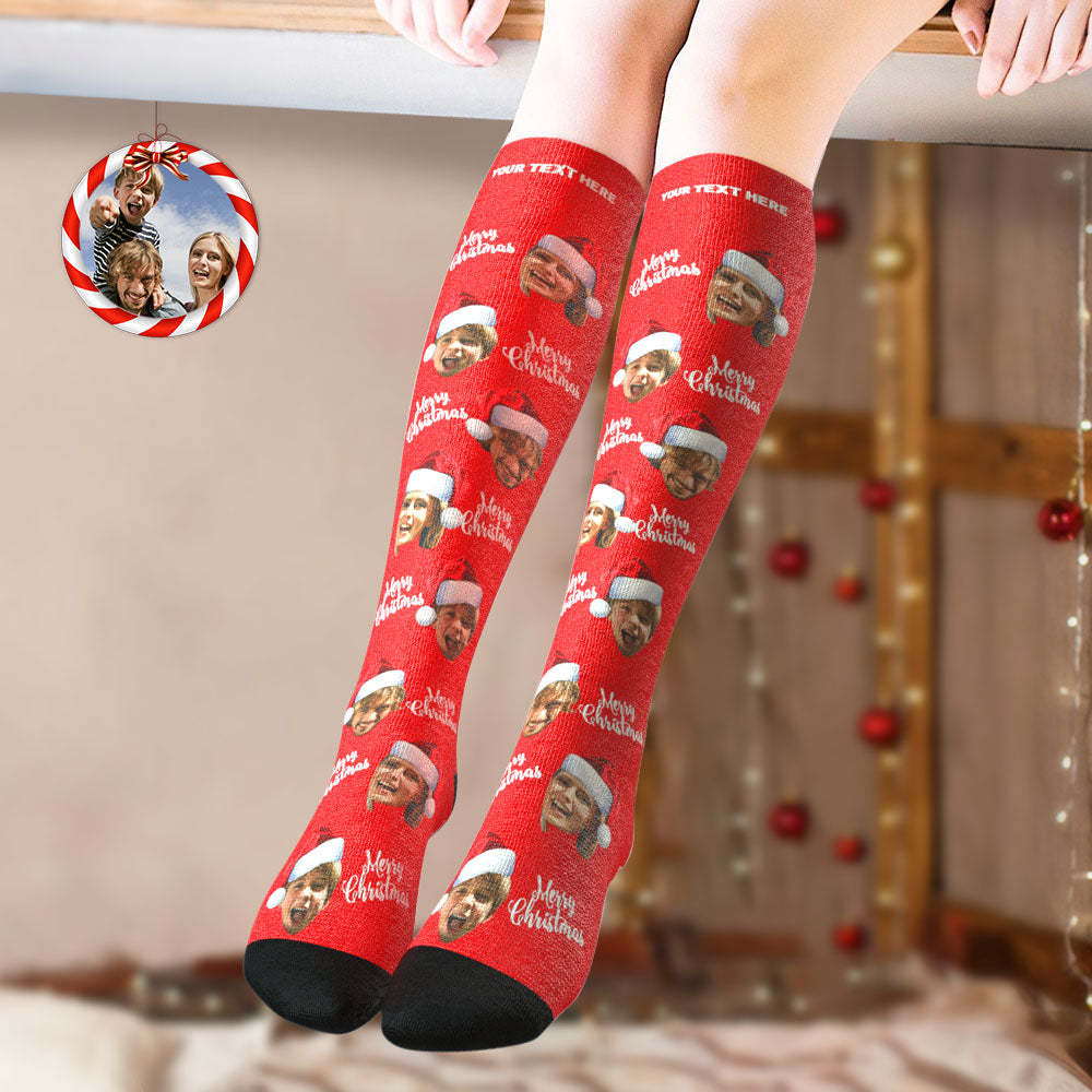 Custom Knee High Socks Personalized Face Socks Merry Christmas - MyPhotoBoxer