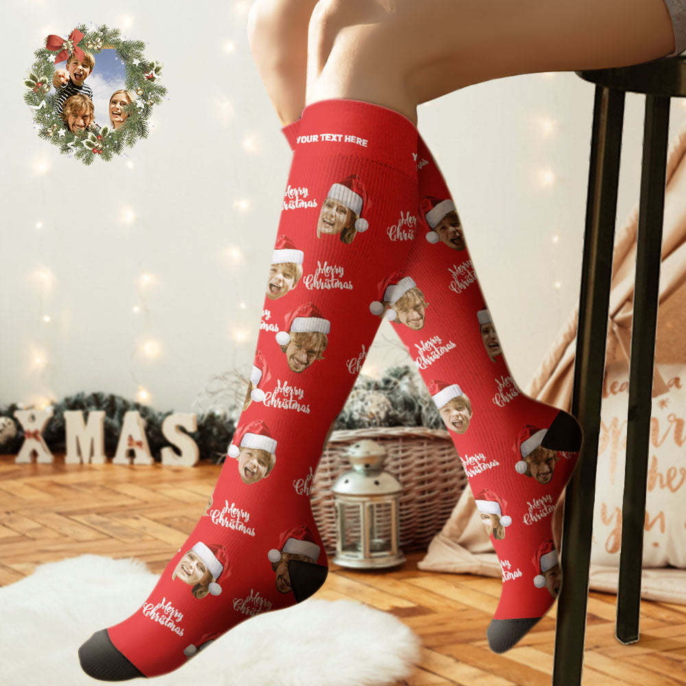 Custom Knee High Socks Personalized Face Socks Merry Christmas - MyPhotoBoxer