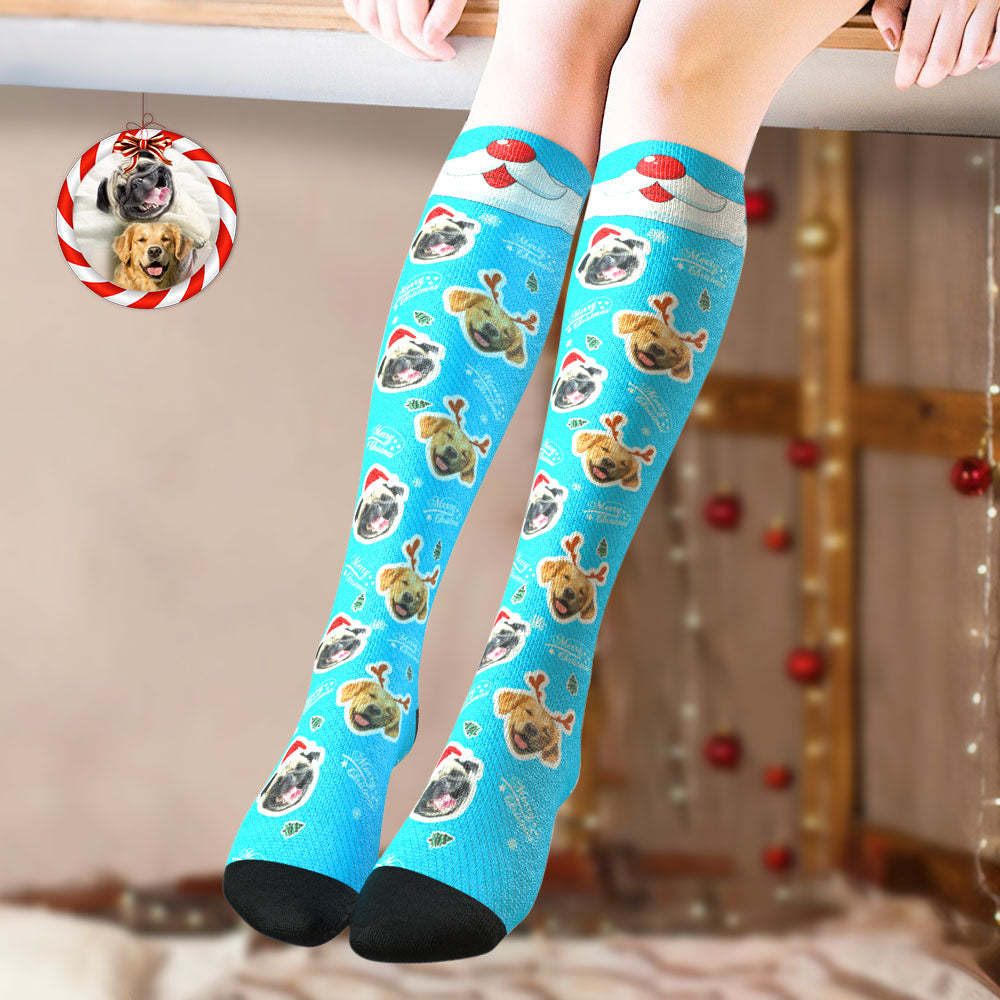 Custom Knee High Socks Personalized Face Socks Merry Christmas Dog Face for Pet Lover - MyPhotoBoxer