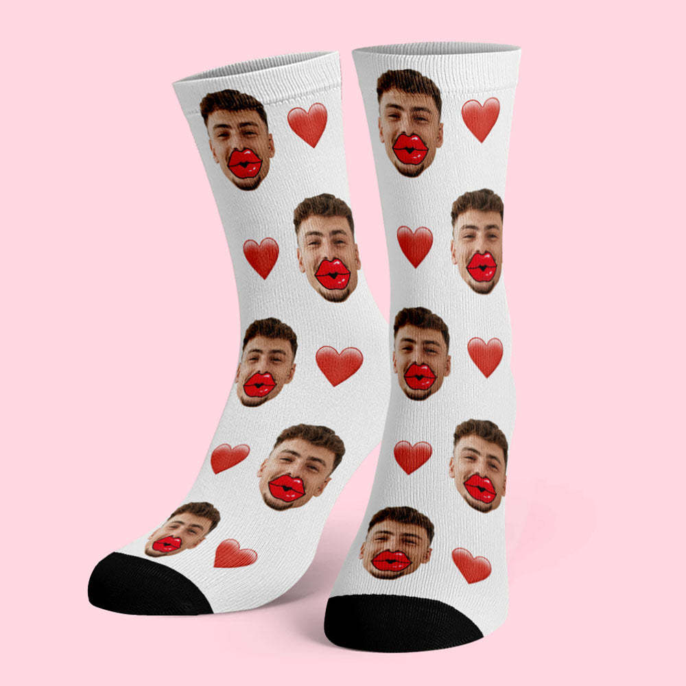 Custom Face Socks Heart and Red Lips Socks Valentine's Day Gift - MyPhotoBoxer