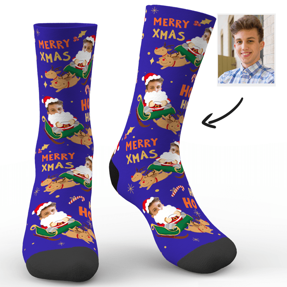 Custom Face Socks - Santa Claus Sled Socks With Your Text