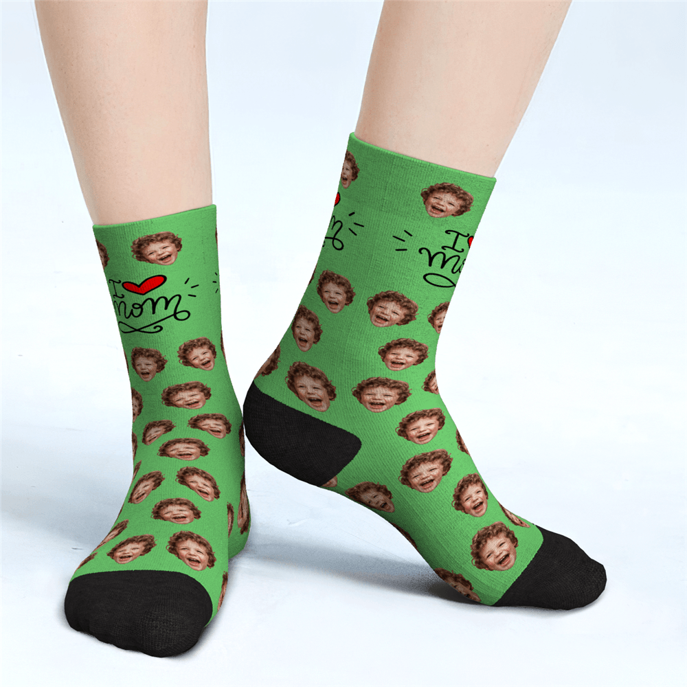 I Love Mom Custom Face Socks Mother's Day Gifts - MyPhotoBoxer