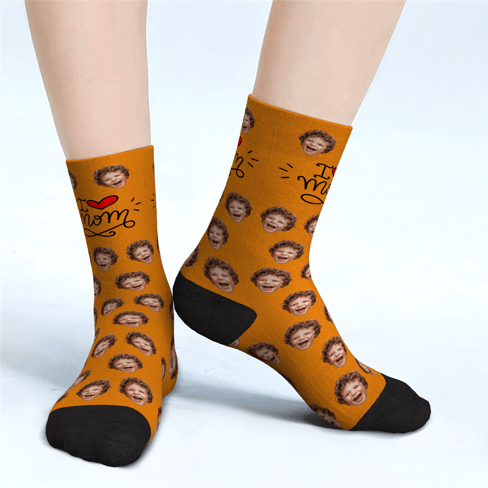 I Love Mom Custom Face Socks Mother's Day Gifts - MyPhotoBoxer