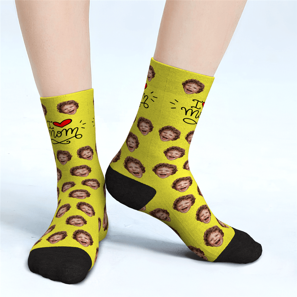 I Love Mom Custom Face Socks Mother's Day Gifts - MyPhotoBoxer
