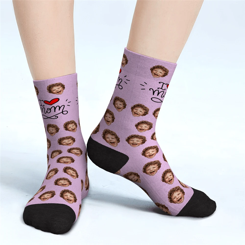 I Love Mom Custom Face Socks Mother's Day Gifts - MyPhotoBoxer