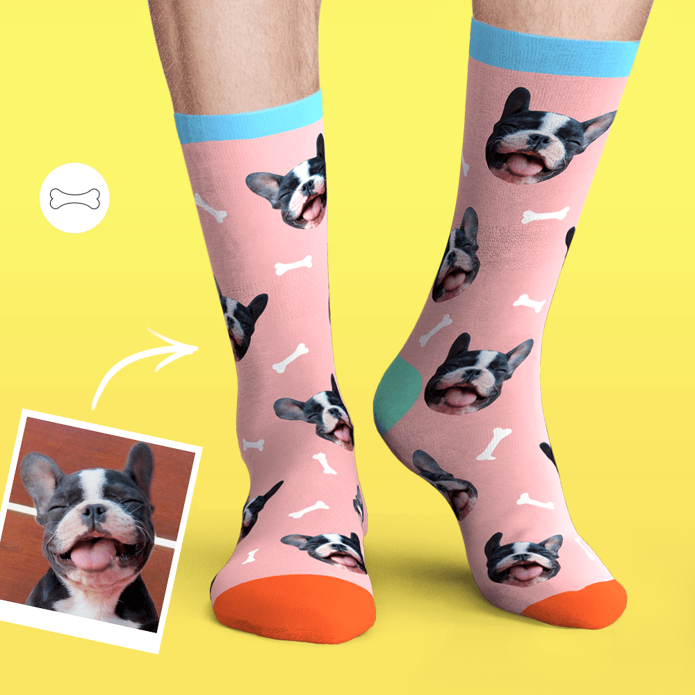 Custom Personalized Face Socks Photo Pet Dog - Bone And Footprint