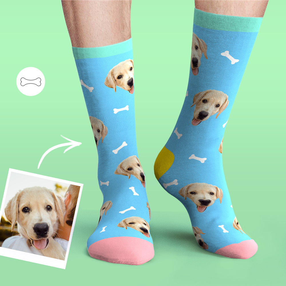Custom Personalized Face Socks Photo Pet Dog - Bone And Footprint - MyPhotoBoxer
