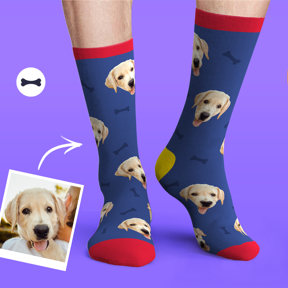 Custom Personalized Face Socks Photo Pet Dog - Bone And Footprint - MyPhotoBoxer