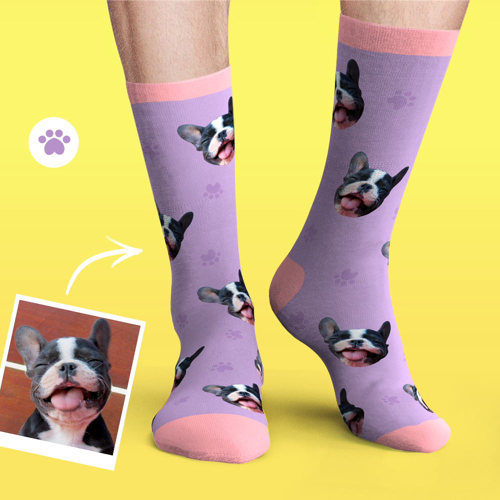 Custom Personalized Face Socks Photo Pet Dog - Bone And Footprint