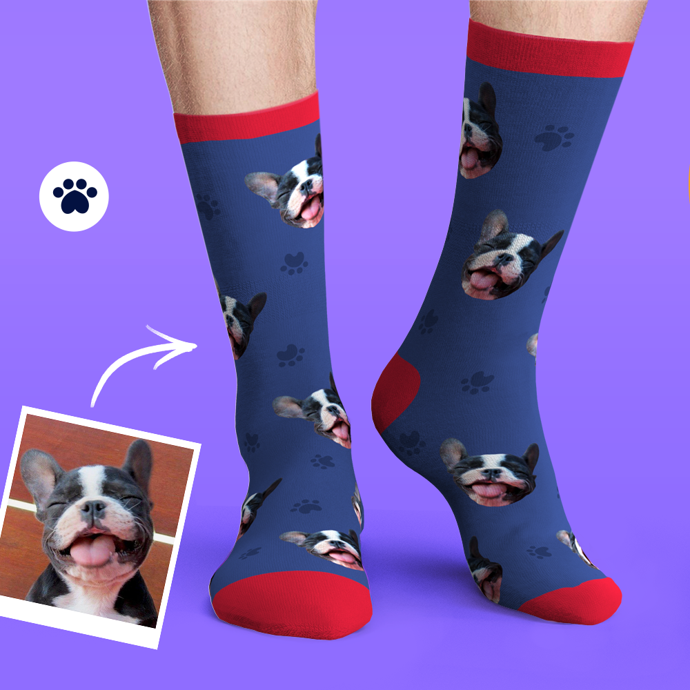 Custom Personalized Face Socks Photo Pet Dog - Bone And Footprint - MyPhotoBoxer