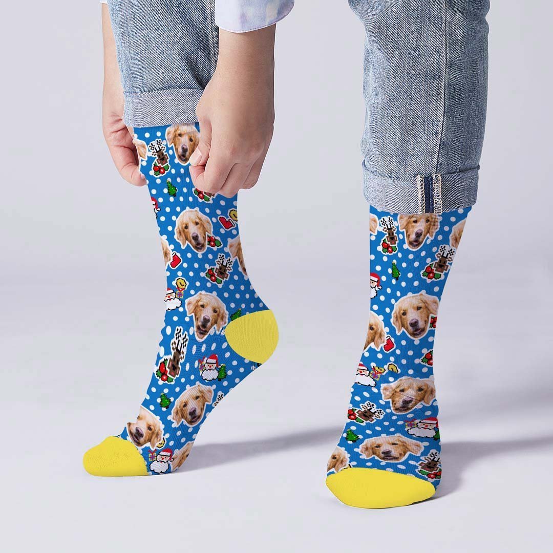 Custom Christmas Socks Dog Face Dots Photo Socks - MyPhotoBoxer