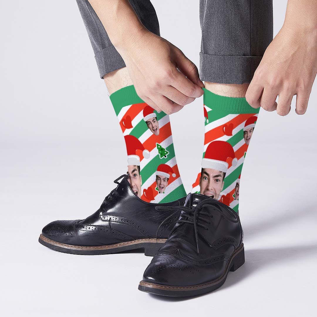 Custom Santa Hats Face Socks Heart Diagonal stripes - MyPhotoBoxer