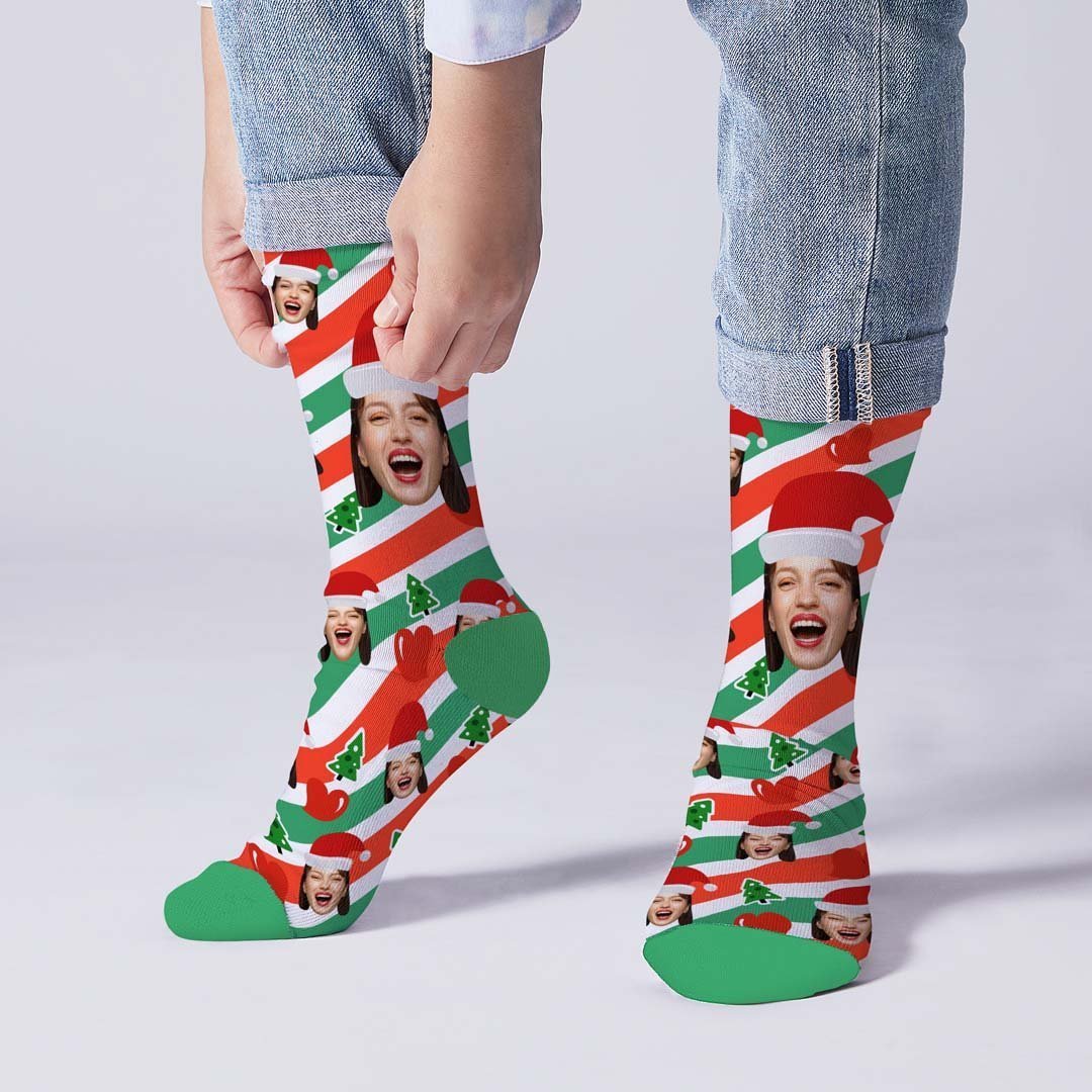 Custom Santa Hats Face Socks Heart Diagonal stripes - MyPhotoBoxer
