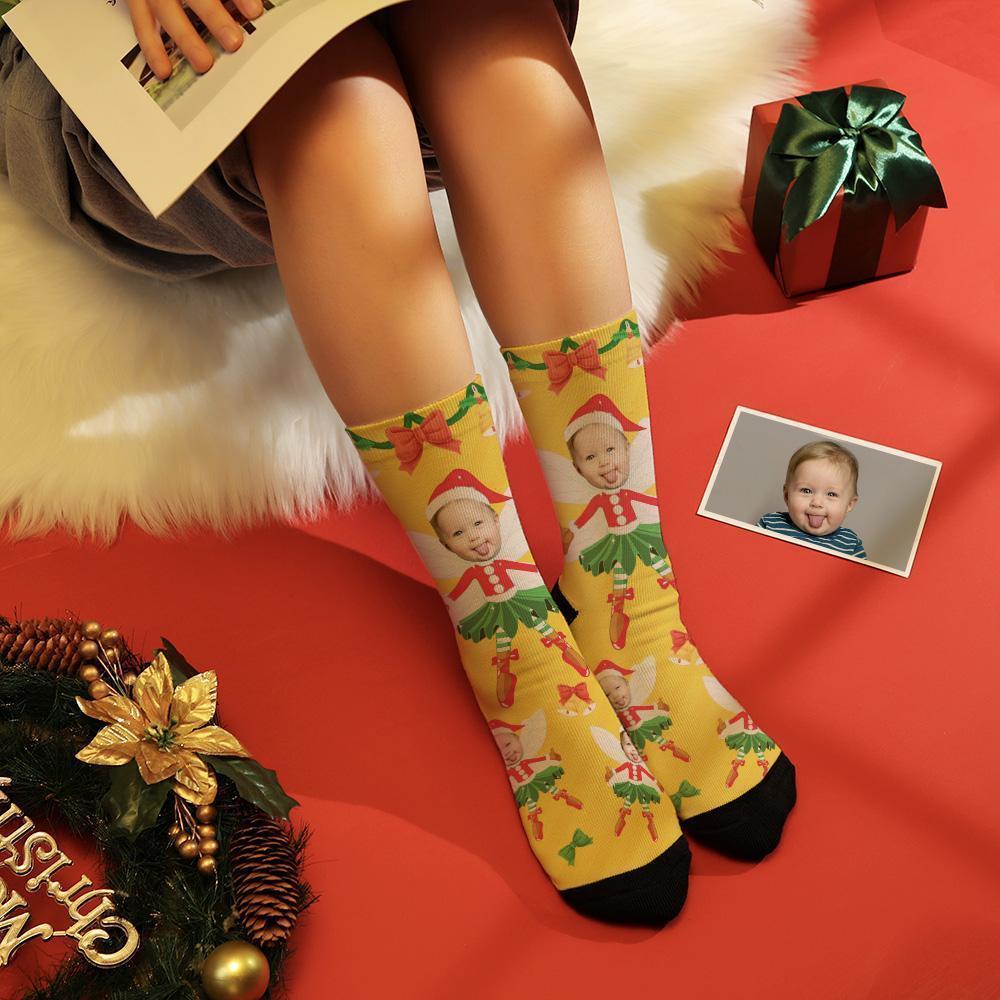 Personalized Face Elf Socks Christmas Gift Bowknot - MyPhotoBoxer