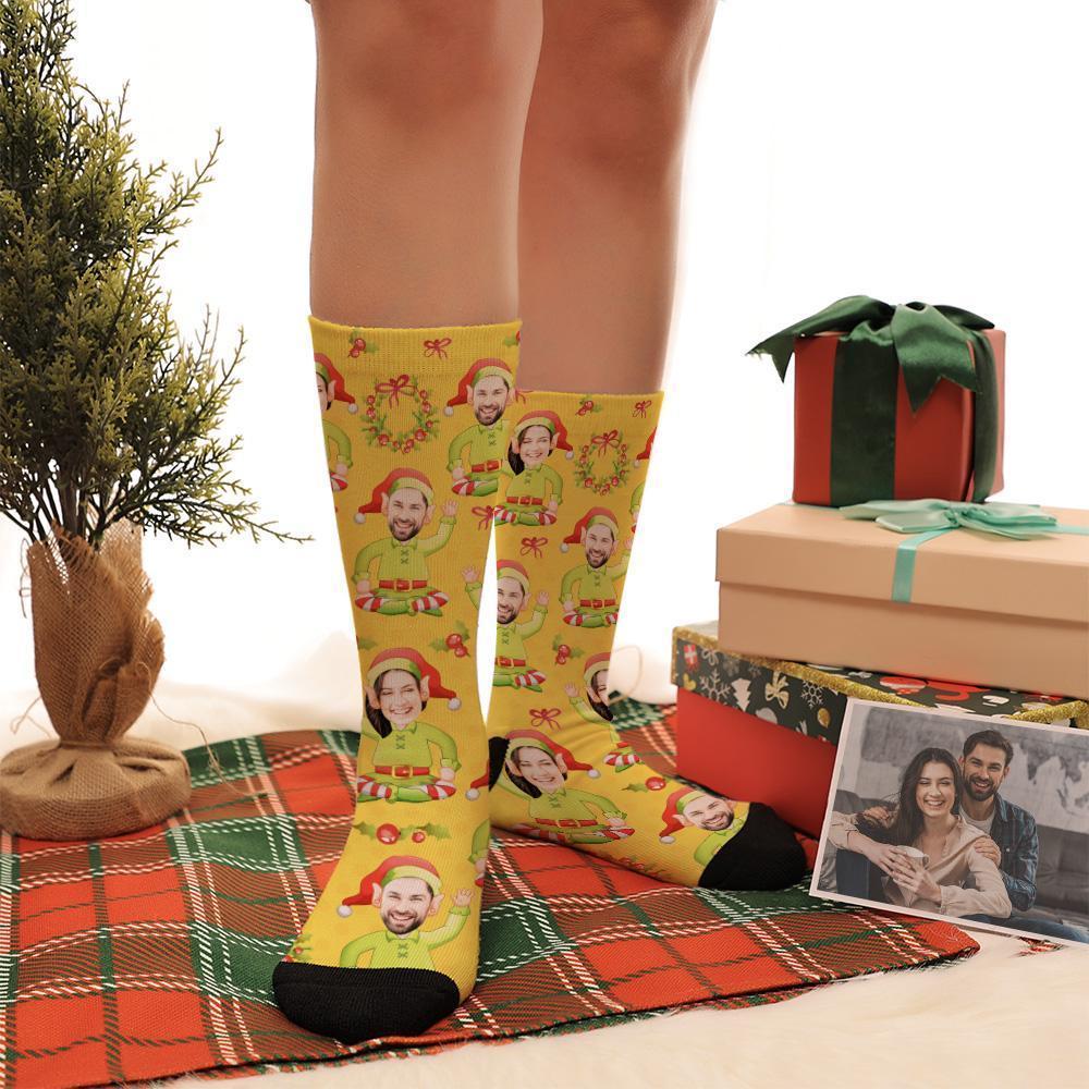 Custom Photo Bowknot Yellow Elf Socks Christmas Gift - MyPhotoBoxer