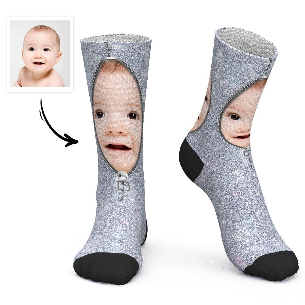 Custom Socks Personalized Face Socks Shiny Zipper - MyPhotoBoxer