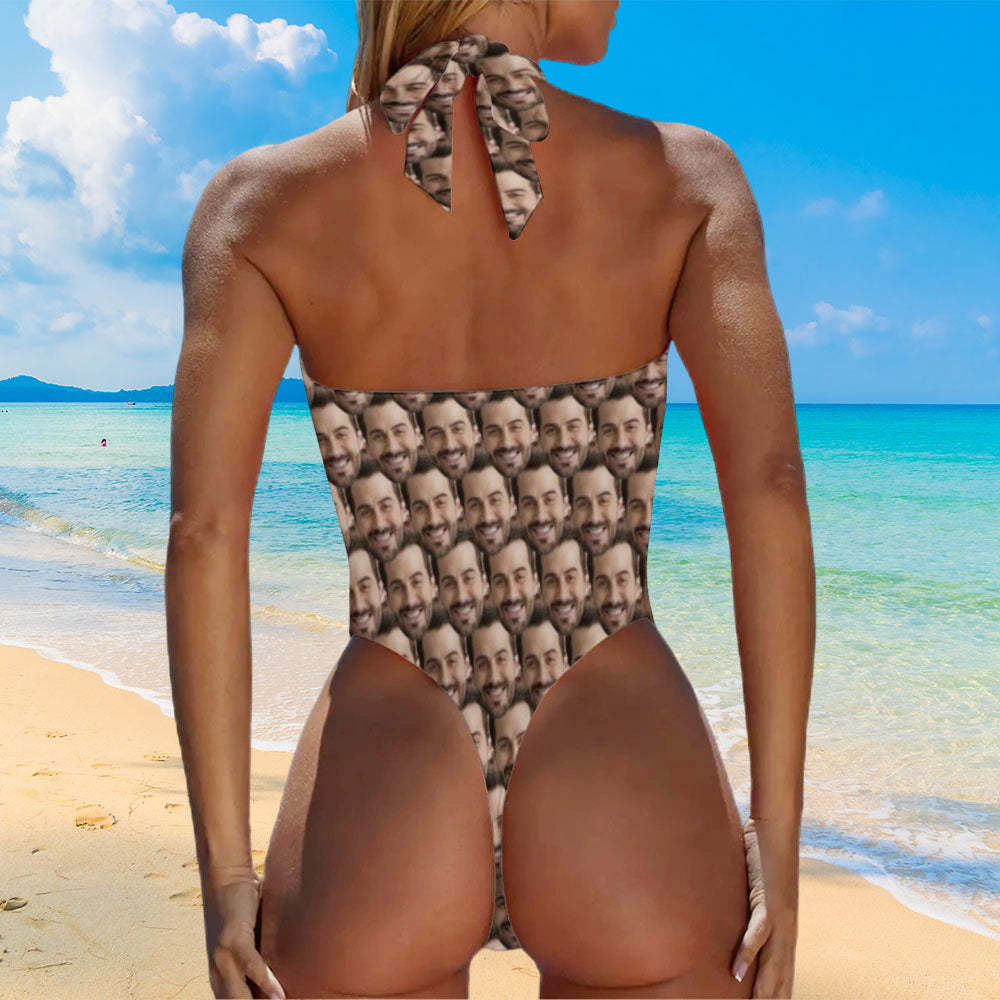 Personalized Face Women's Halter High Cut One-Piece Swimsuit Unique Gift for Her - MyPhotoBoxer