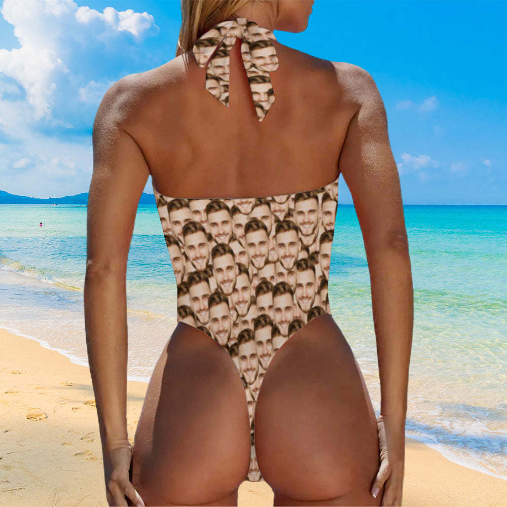 Personalized Face Women's Halter High Cut One-Piece Swimsuit Unique Gifts for Her - MyPhotoBoxer