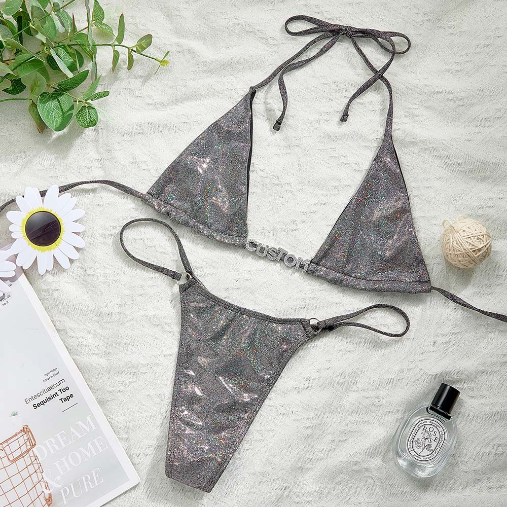Custom Name Silver Triangle Bikini Sets Sexy DIY Crystal Letters Bikini - MyPhotoBoxer