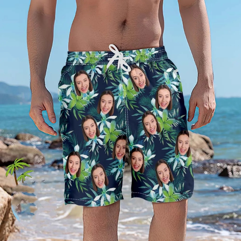 Men's Custom Face Beach Trunks Photo Shorts - Coconut tree