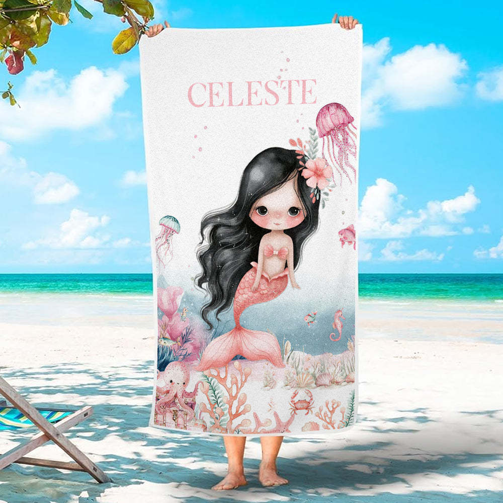Personalized Cute Mermaid Beach Towel with Name Beach Vacation Accessories Gift for Girl - MyPhotoBoxer