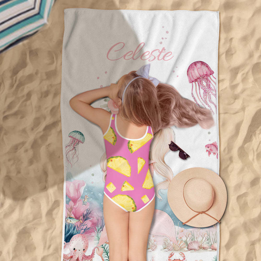 Personalized Cute Mermaid Beach Towel with Name Beach Vacation Accessories Gift for Girl - MyPhotoBoxer