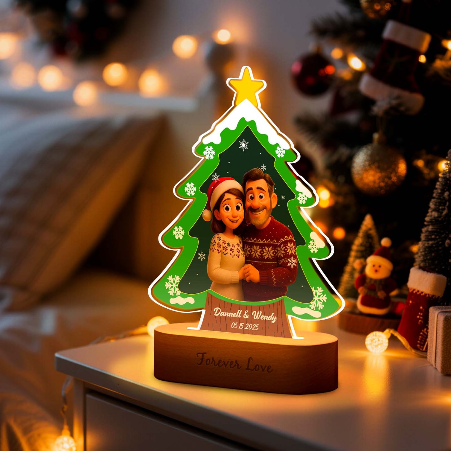 Personalized Christmas Tree Night Light, Custom Photo Engraved Cartoon Style Gift, Best Christmas Gift for Couple, Family - MyPhotoBoxer