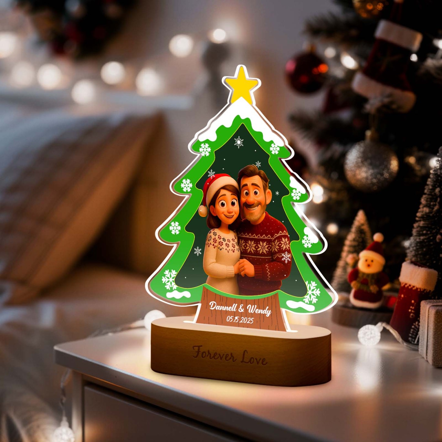 Personalized Christmas Tree Night Light, Custom Photo Engraved Cartoon Style Gift, Best Christmas Gift for Couple, Family - MyPhotoBoxer
