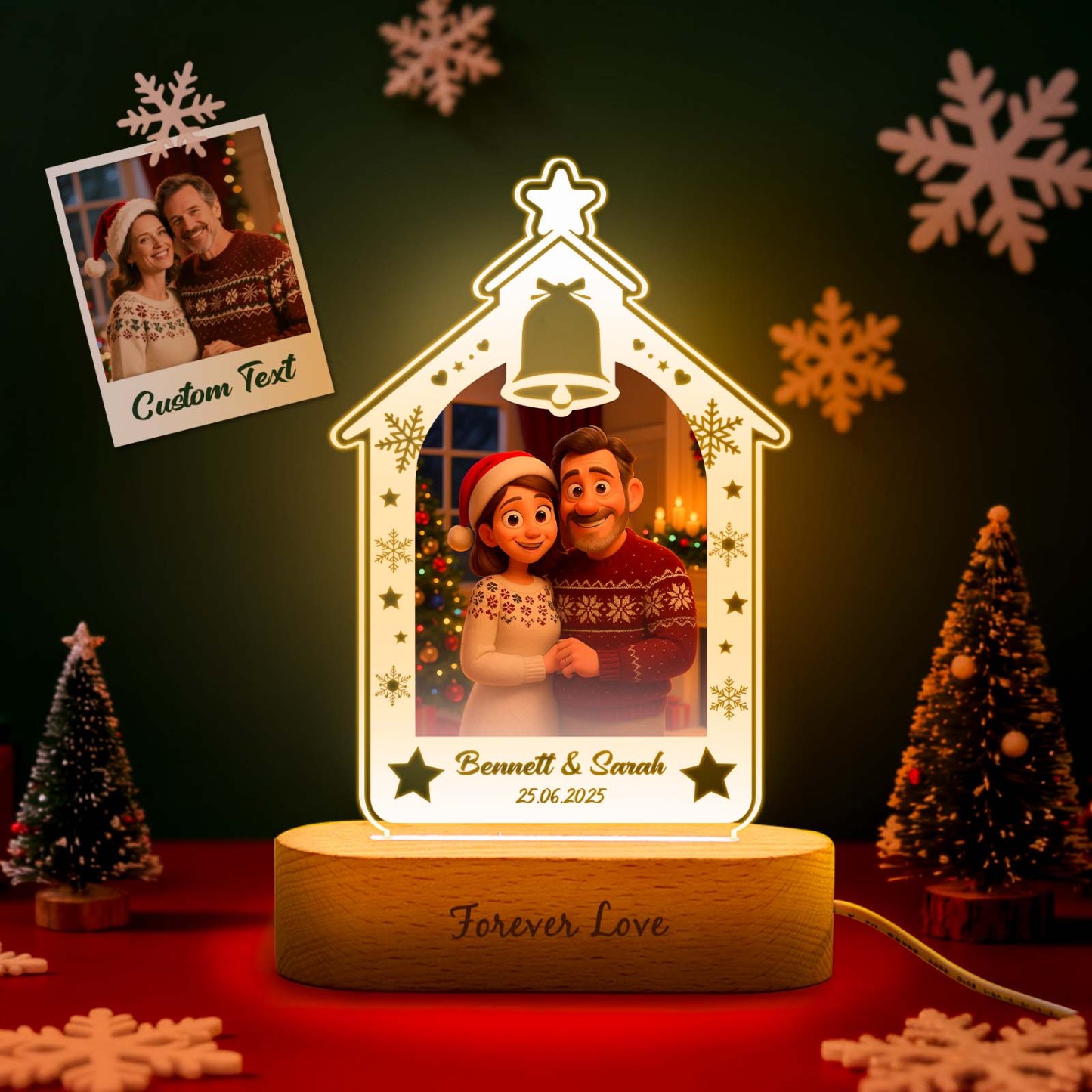 Personalized Christmas Tree Night Light, Custom Photo Engraved Cartoon Style Gift, Best Christmas Gift for Couple, Family - MyPhotoBoxer