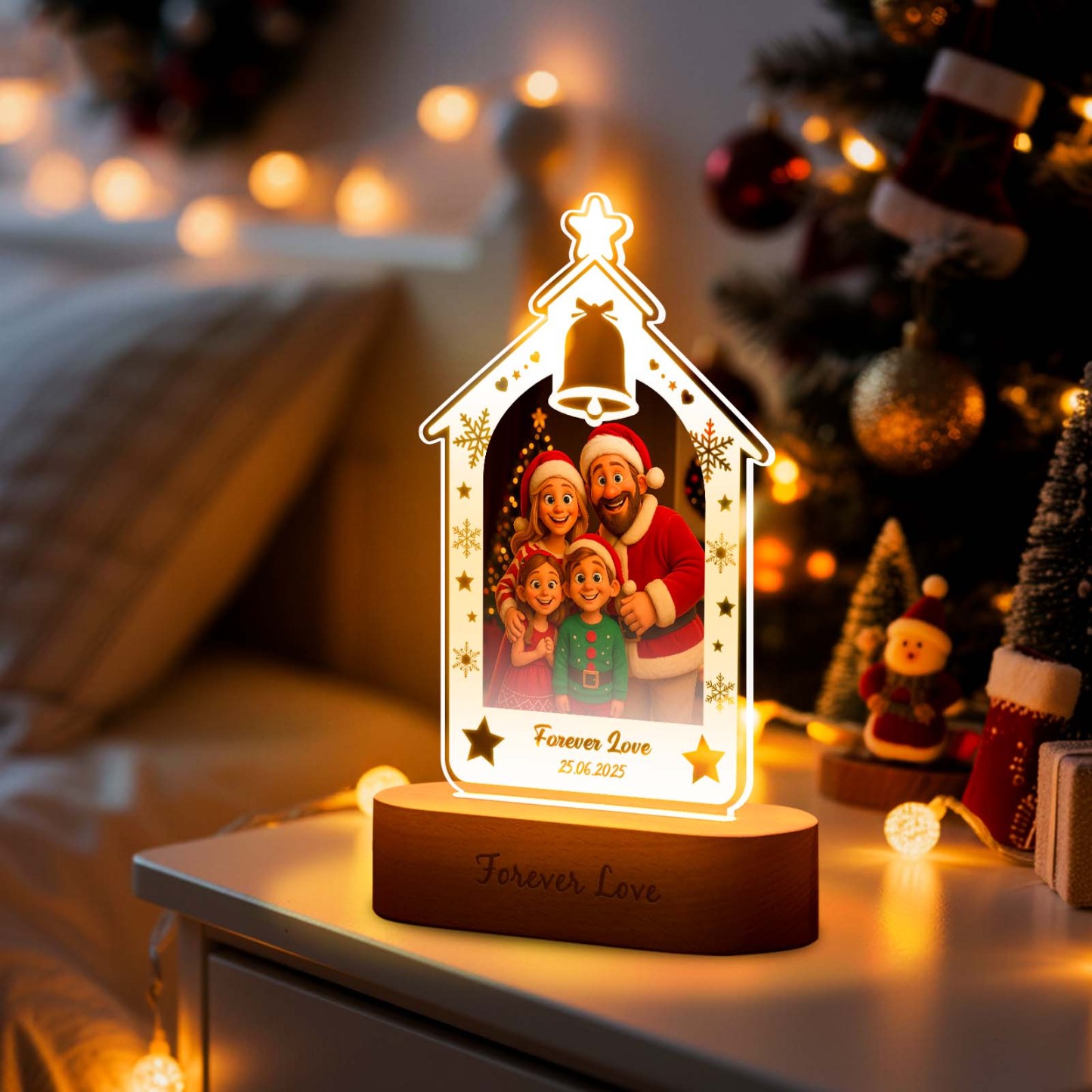 Personalized Christmas Tree Night Light, Custom Photo Engraved Cartoon Style Gift, Best Christmas Gift for Couple, Family - MyPhotoBoxer