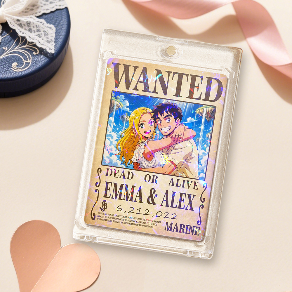 Custom Anime Bounty Couple Portrait Game Card, Personalized WANTED Bounty Card with Holographic Foil, Unique Gift for Couples & Friends